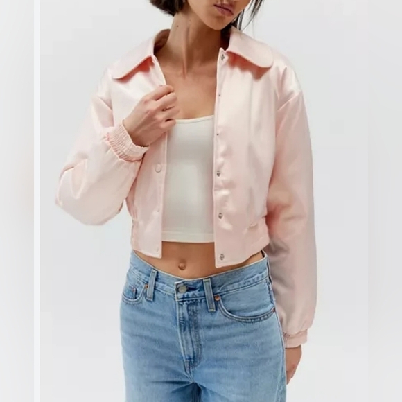Womens Pink Urban Outfitters Sally Satin Cropped Bomber Jacket SMALL Quilted - Picture 1 of 11